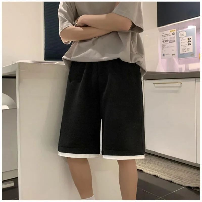 

Unisex White Gray Contrast Trim Shorts Elastic Waist Casual Loose Fit Pants