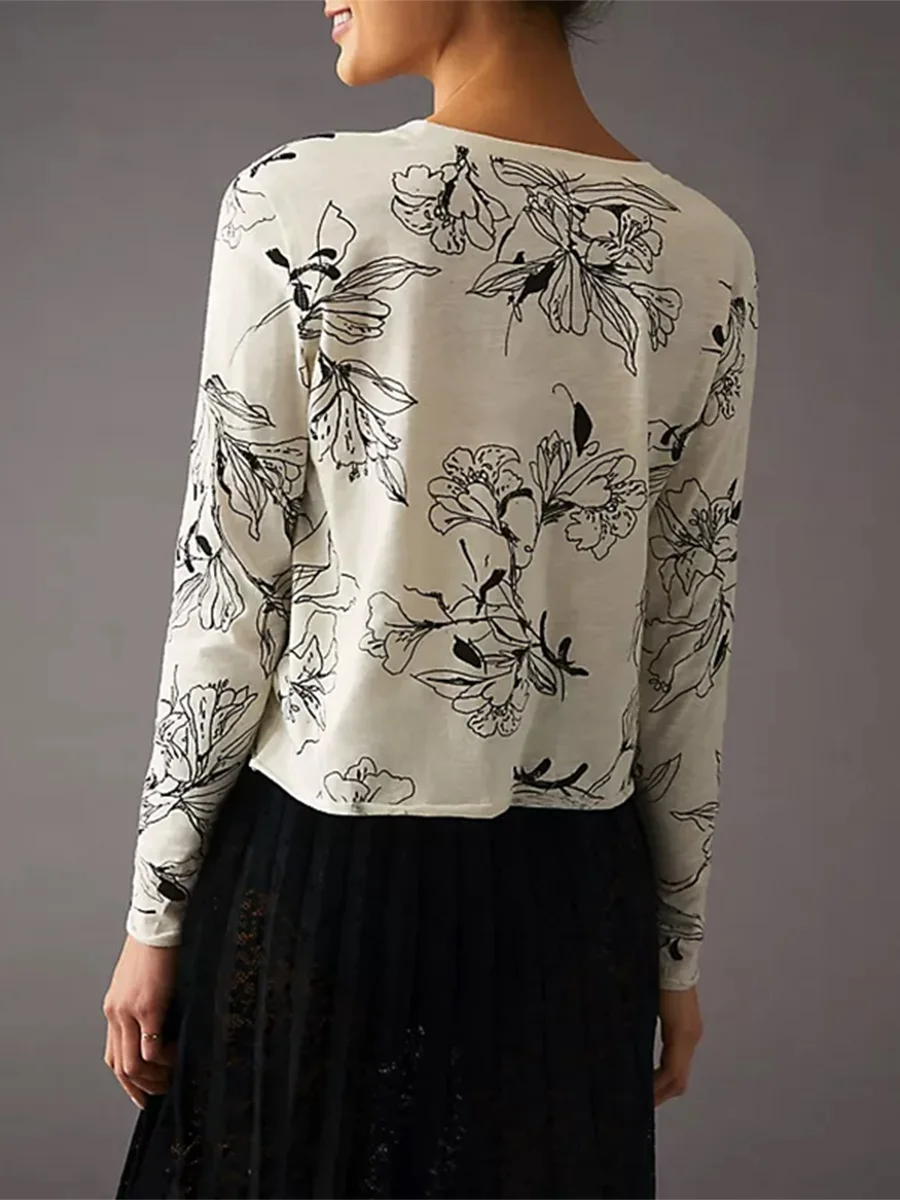 Women s Spring Autumn Casual Tops Long Sleeve O Neck Flower Print Short T-shirts