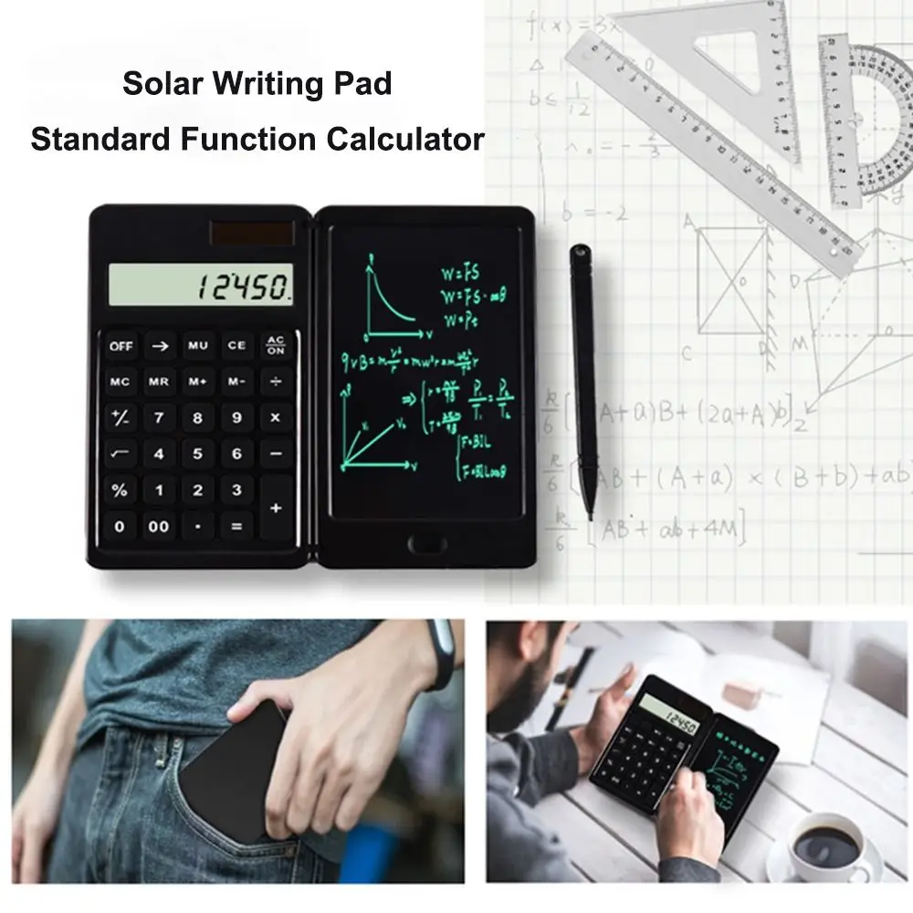 Foldable Solar Standard Function Calculator Writing Pad 10-Digit Math Calculator with LCD Notepad With Stylus