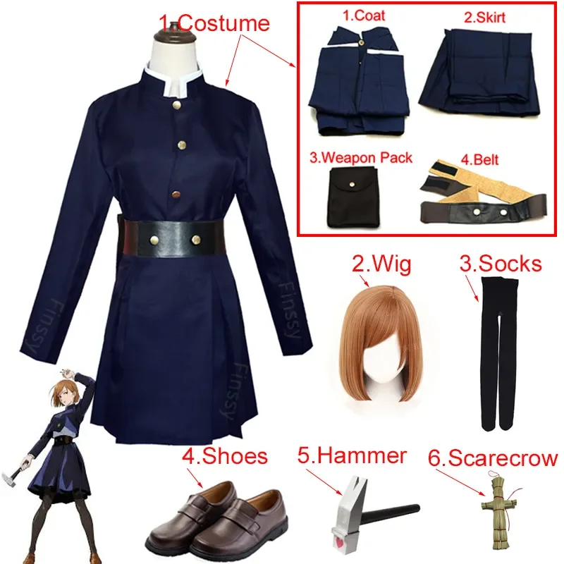 Costume de Cosplay de l'Anime Jujutsu Kaimmense Kugisaki Nobara, Uniforme d'Étudiant, Perruque, Chaussures d'Épouvantail en Marteau, Costumes d'Halloween