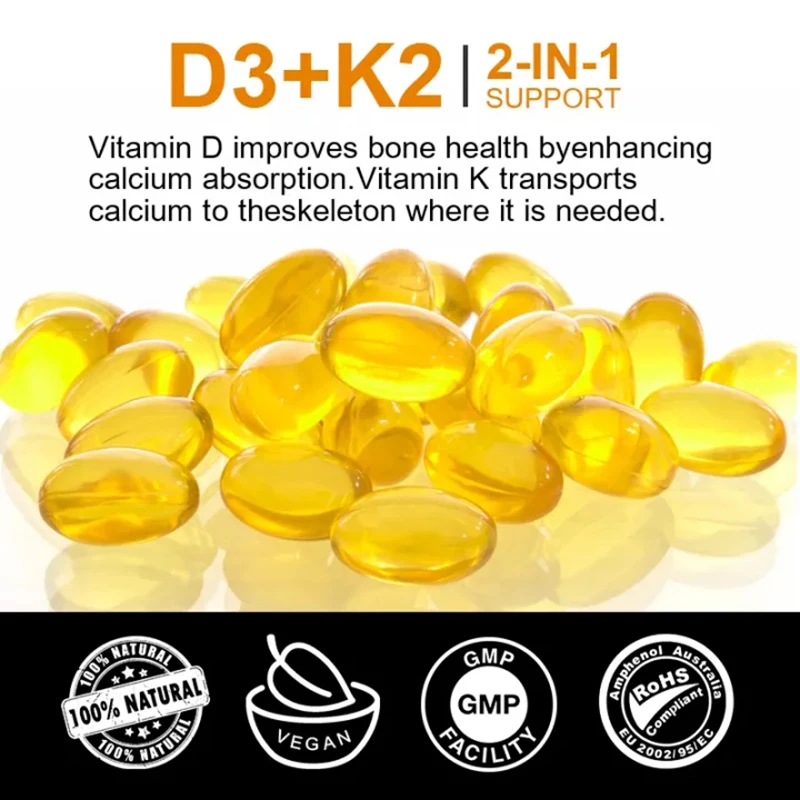 Vitamine D3 K2 Capsules Mineraalsupplement Ondersteuning Hart Bot & Tanden Immuunsysteem Gezondheid Super Absorberen Anti-Veroudering