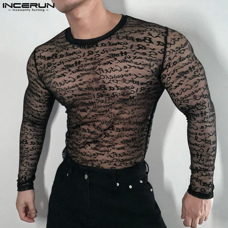 

INCERUN мужские хорошо облегающие трикотажные топы с длинными рукавами и буквенным принтом, простые Camiseta 2024, повседневные прозрачные сексуальные топы с круглым вырезом