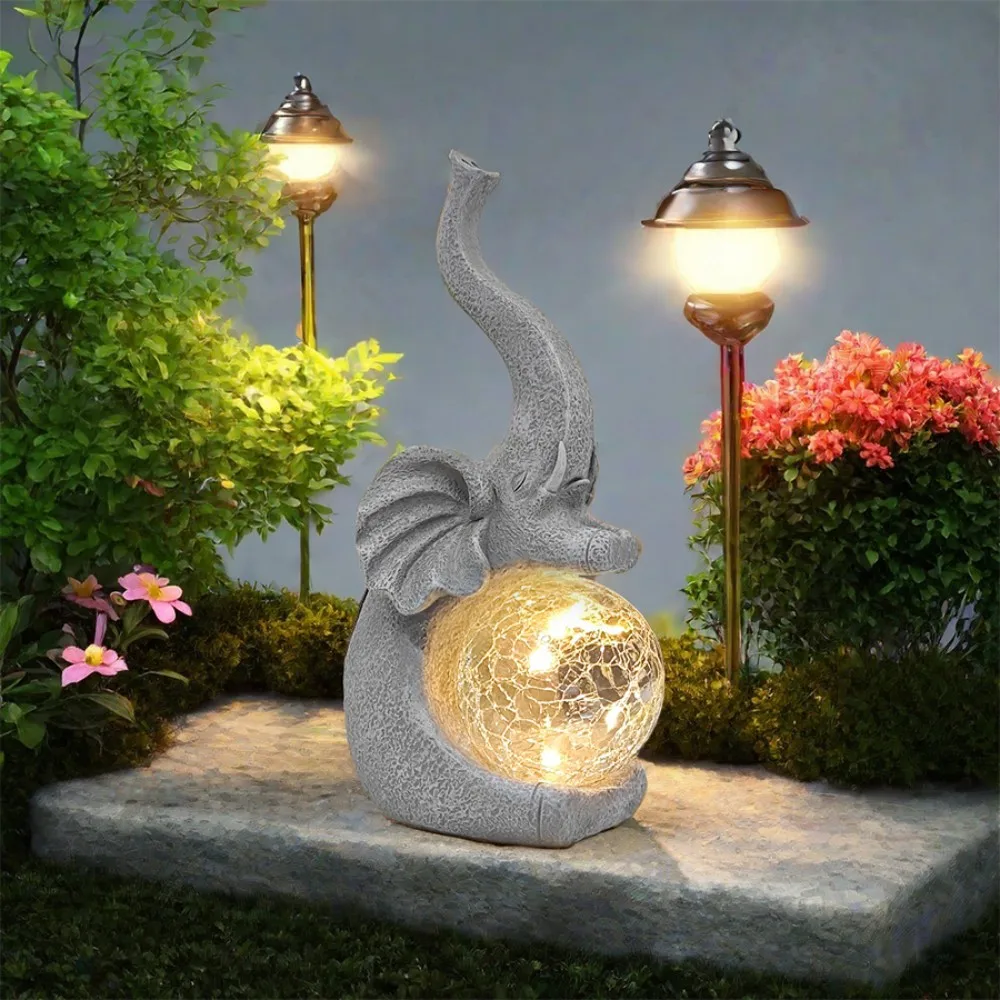

1pc outdoor solar elephant statue garden decoration, cute elephant statue with LED broken glass ball solar powered
