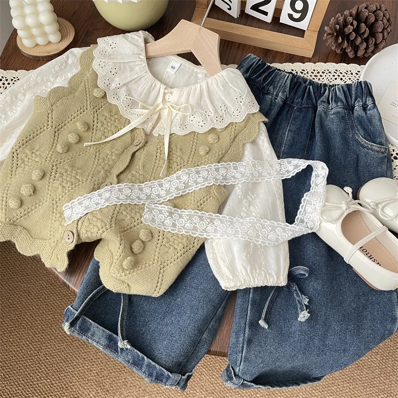 

Girls' Three-dimensional Ball Knitted Jacquard Vest Sweater Vest Children's New Green Coat French Elegant Vest