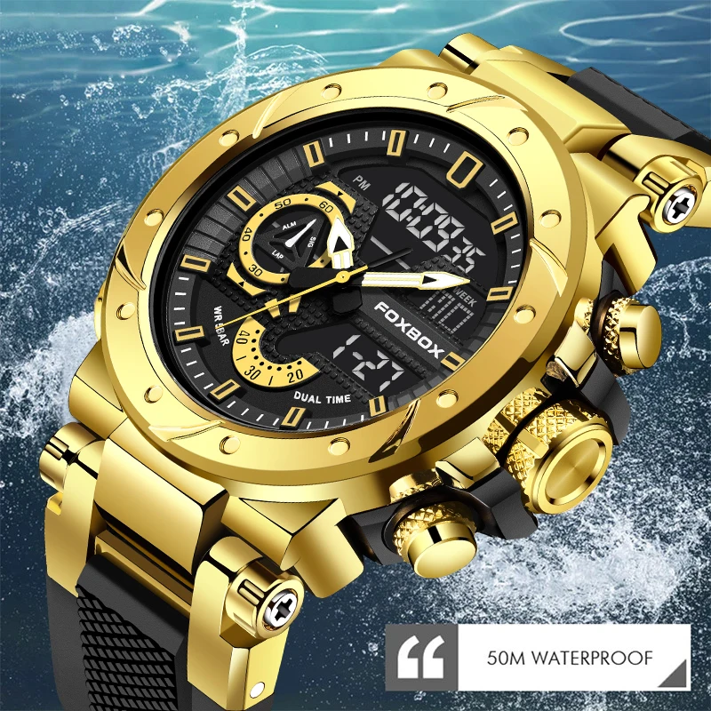 FOXBOX Outdoor Fashion Electronic Digital Man Watch Casual Silicone Strap Waterproof Week  Display Auto Date Analog Watches Male