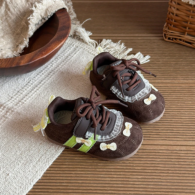 Kids Retro Suede Lace-up Sneakers Breathable Upper Non-slip Rubber Sole Lace Ruffle Casual Shoes for Toddler Girls Daily Wear