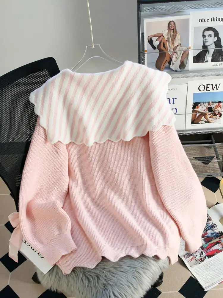 Loose Doll Neck Sweater Pullover Sueter Mujer Winter Clothes Women Pink Bow Striped Knitted Tops Korean Fashion Pull Femme