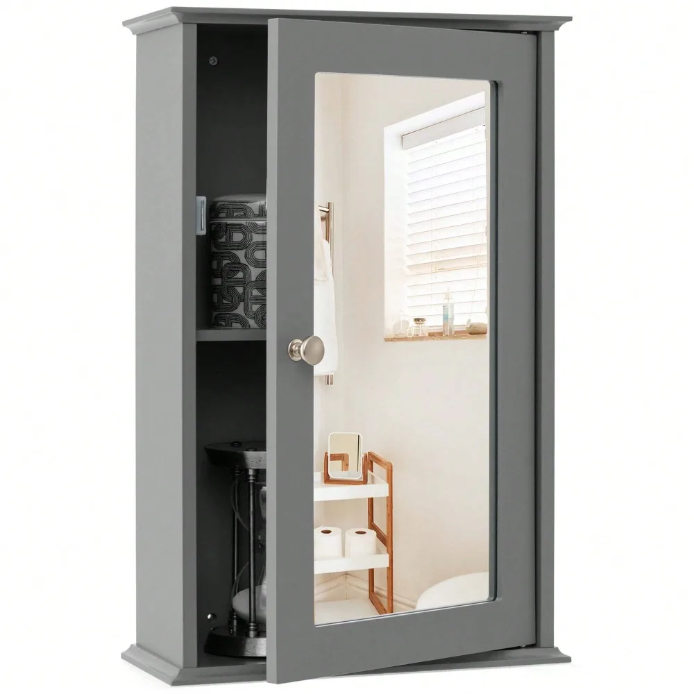 

Bathroom Wall Cabinet Single Mirror Door Cupboard Storage Medicine Cabinet Wood Shelf Grey\Brown