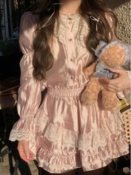 2023 Autumn Japan Style 2 Piece Skirt Set Women Outwear Casual Sweet Lace Blouse + Elegant Mini Skirt Female Fashion Kawaii Suit