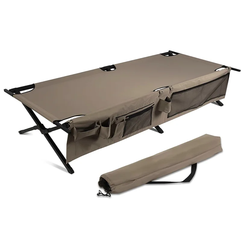 

Custom Camping Cot Outdoor Portable Aluminum Folding Bed with Side Pockets for Travel Base Camp Hiking
