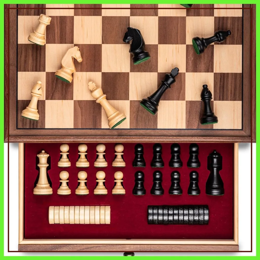 

15 inch Walnut Wooden Chess Set with Storage Drawer, Triple Weighted Pieces, 3.0 inch King, Classic 2-in-1 Chess & Checkers