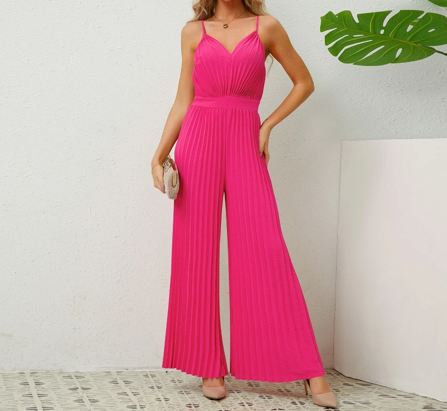 

Jumpsuit Women 2024 Summer Fashion Pleated V-Neck Sleeveless Casual High Waisted Wide Leg Daily Camisole Jumpsuit