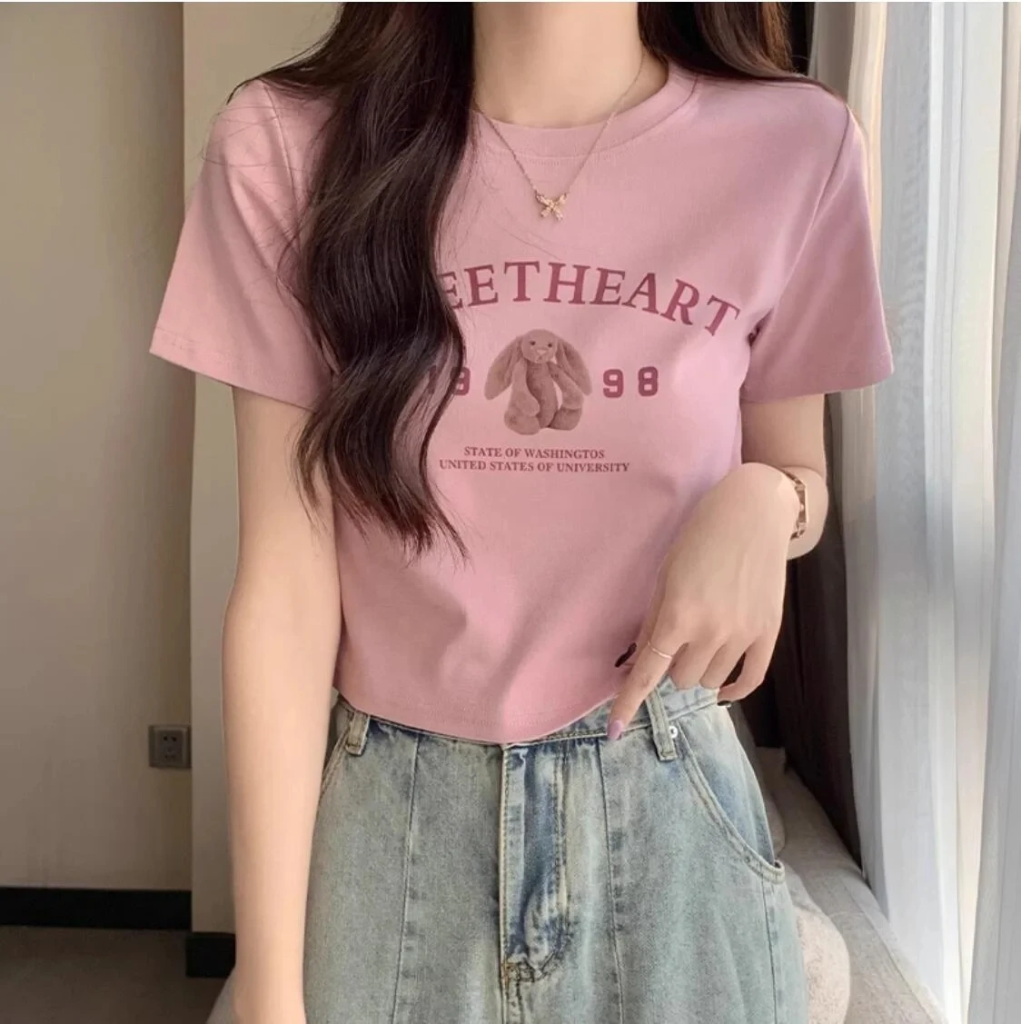 New Summer Korean Pure Cotton Letter Print Pink  Women T-shirt Couple Fashion Short Sleeved Round Neck Oversize T-shirt Tops