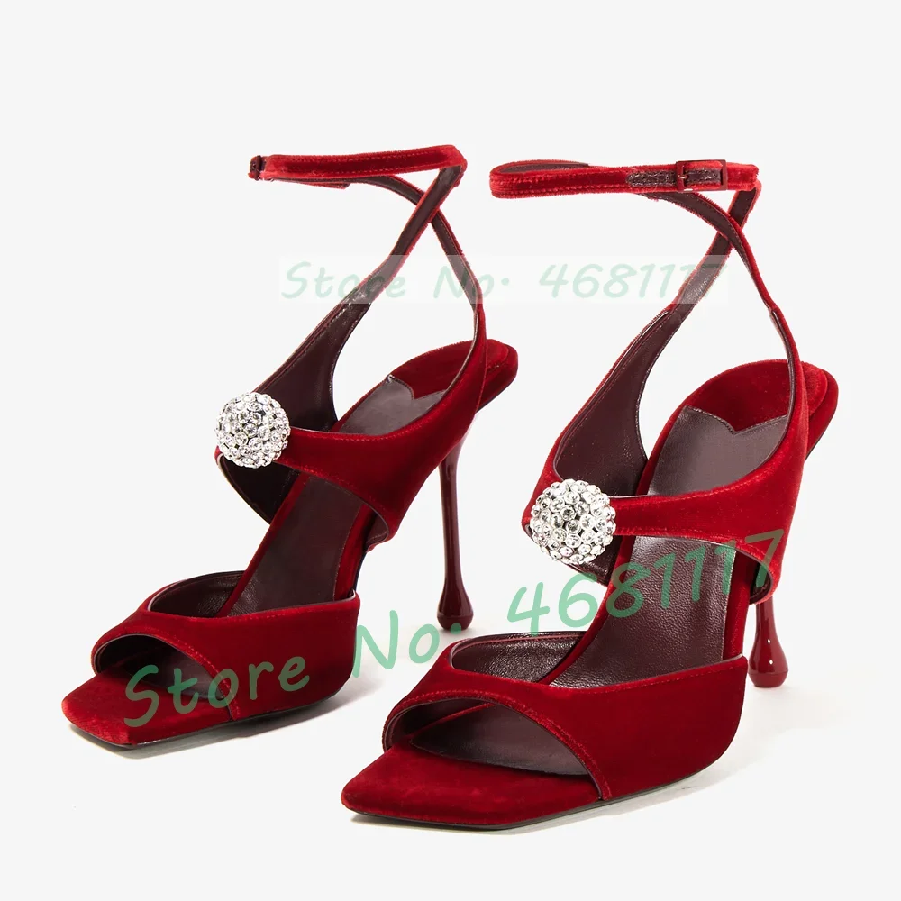 Red Velvet Square Toe Sandals With Sparkling Crystal Women Party Elegant High Heels Cross Strap Luxury Evening Dress Sandals