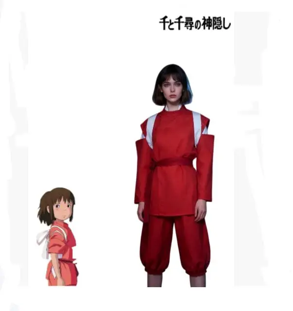 

Anime Spirited Away Chihiro Ogino Sen Cosplay Costume Red Outfit Short Sleeves Pants Set Adult Cos Convention Halloween Party