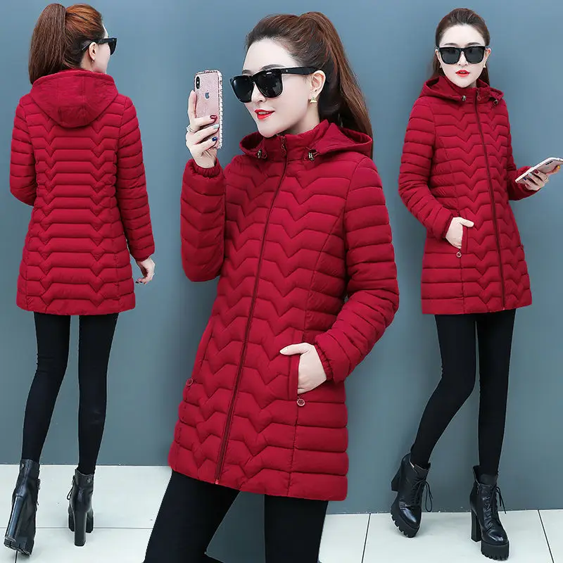 Winter Coat Women 2024 Fashion Middle Age Mother Slim Down Cotton Hooded Jacket Plus Size Casual Solid Warm Thick Outwear Parka