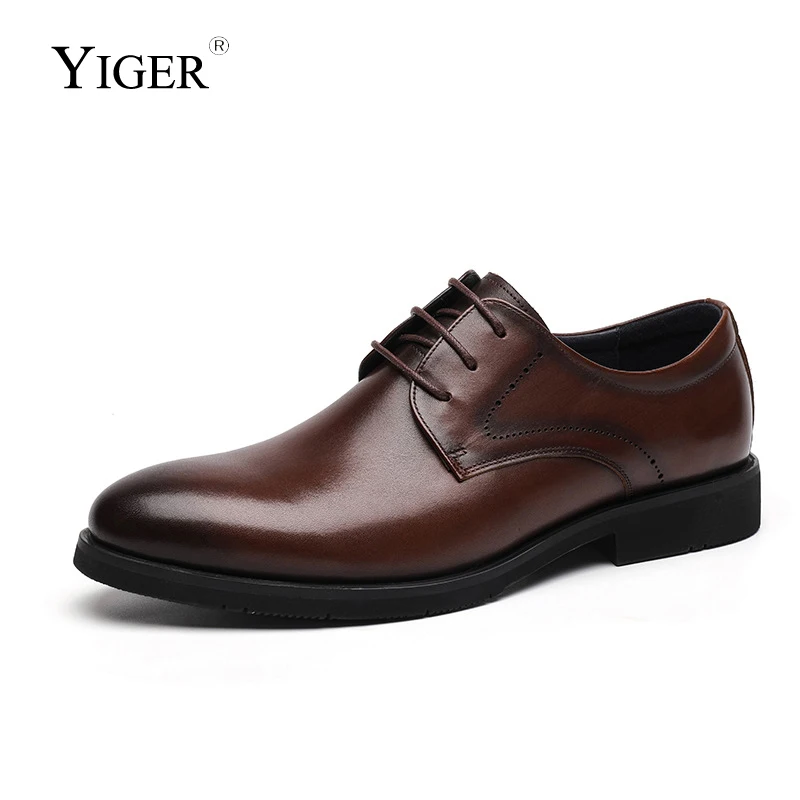 

YIGER Men's Dress shoes Man Oxford shoes Genuine Leather Male British Business Formal Lace Up Low Top lace up shoes Casual shoes