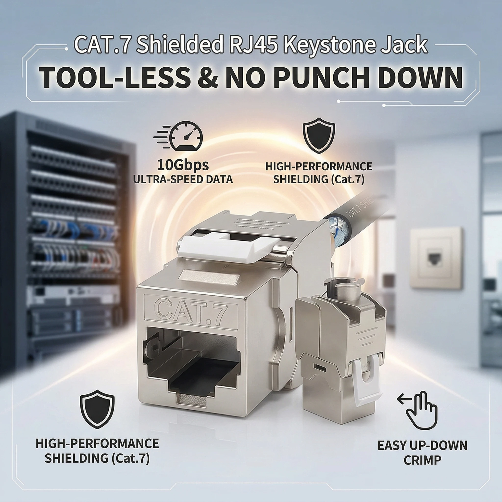 10Pcs CAT.7 Shielded RJ45 Keystone Jack Tool-less No Punch Down Up-Down Crimp 10Gbps Ethernet Network Data Module