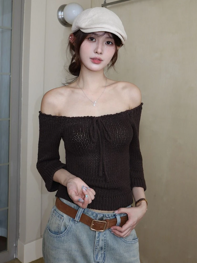 

Deeptown Vintage Sexy Off Shoulder Sweater Women Korean Style Elegant Knitwear Jumper Harajuku Solid Slash Neck Pullovers Slim