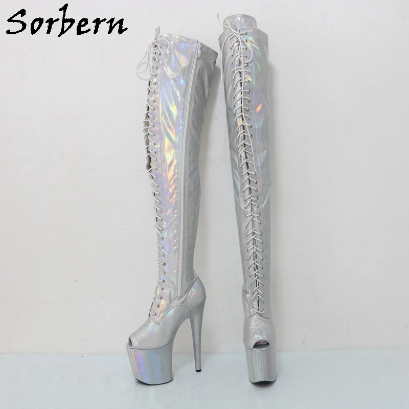 Sorbern Silver Holo Thigh High Boots Women 20Cm Stripper High Heel Pole Dance Boot Peep Toe Lace Up Fetish Shoes Custom