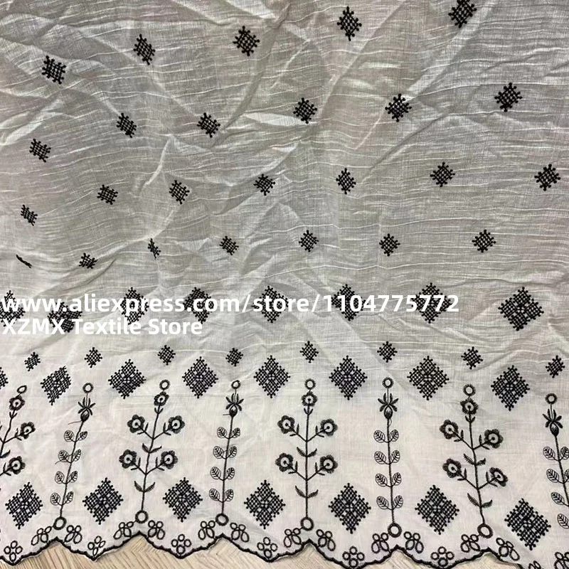 Bohemian Black Floral Geometric Embroidery Fabric,Crinkle Woven Cloth,Scalloped Edge,For Dress,Tops & Home Decoration