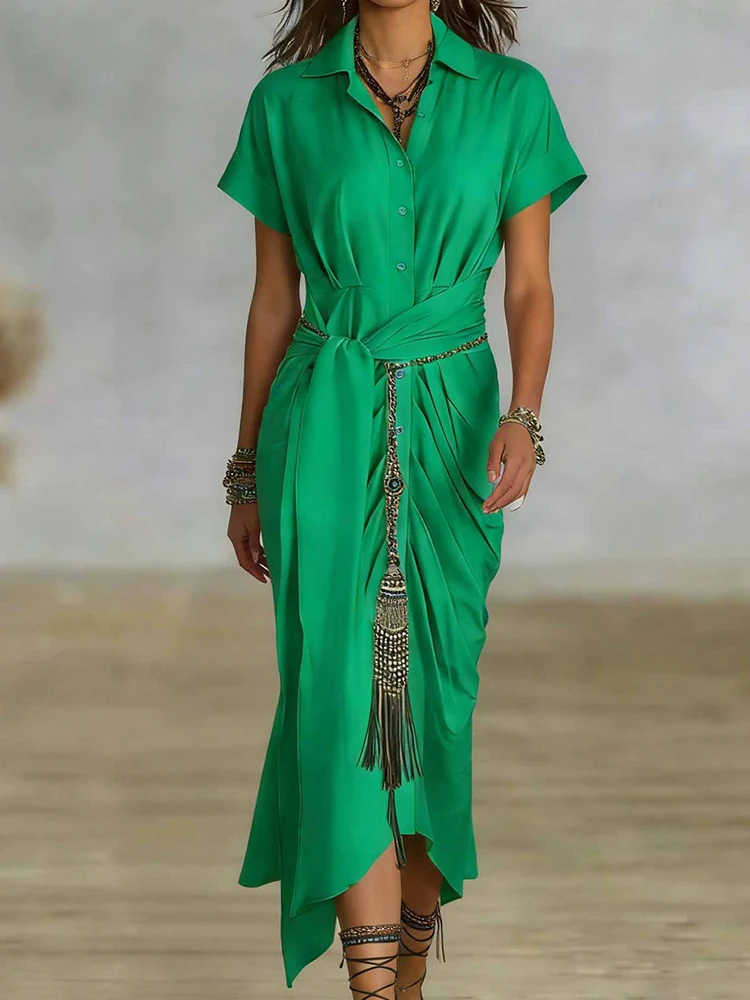 

Элегантное женское платье макси на шнуровке для вечеринок, повседневное платье-рубашка с отложным воротником, коротким рукавом и пуговицами, летнее новое однотонное плиссированное платье для работы