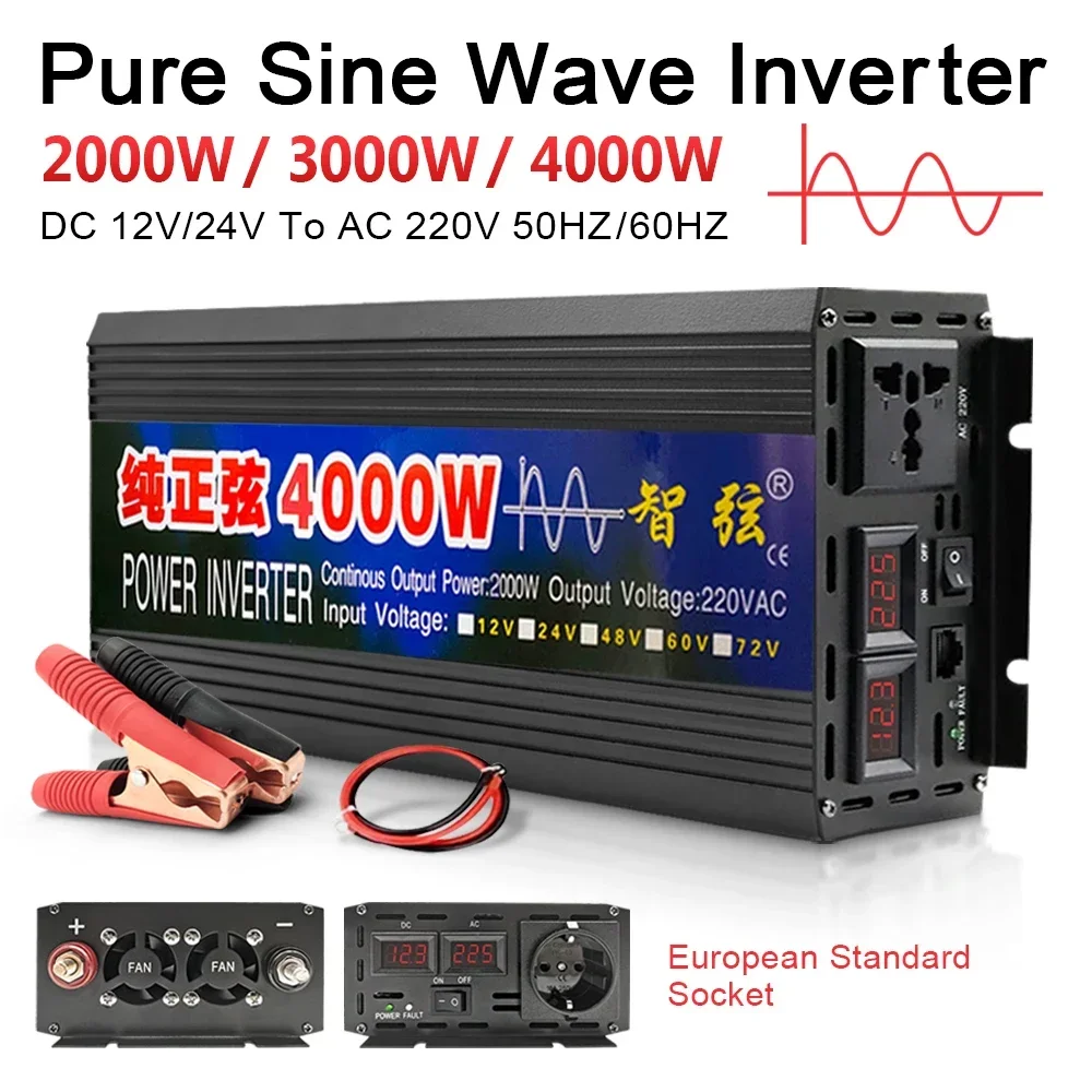 

Pure Sine Wave Inverter 2000W 3000W 4000W Power DC 12V 24V 48v To AC 220V Voltage 50/60HZ Converter Solar Car Inverter With LED