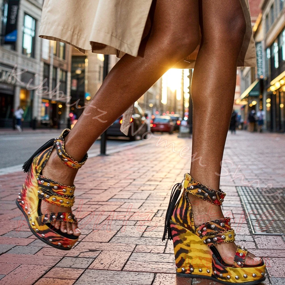 Wedge Platform Sandals Women Multi Strap Stud Tassel Open Toe Retro Bohemian Footwear Vacation Shoes Mixed Color Fashion Elegant