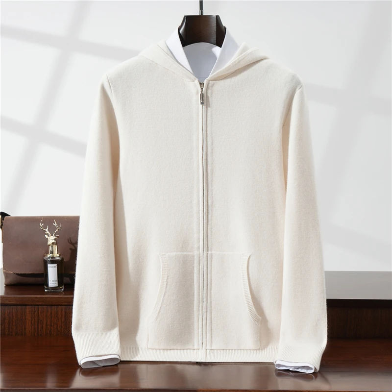 Thickened 100% Wool Coat Men's Knitted Long Sleeve Sweatshirt Autumn Winter Versatile Hooded with Pockets Loose Zipper Cardigan