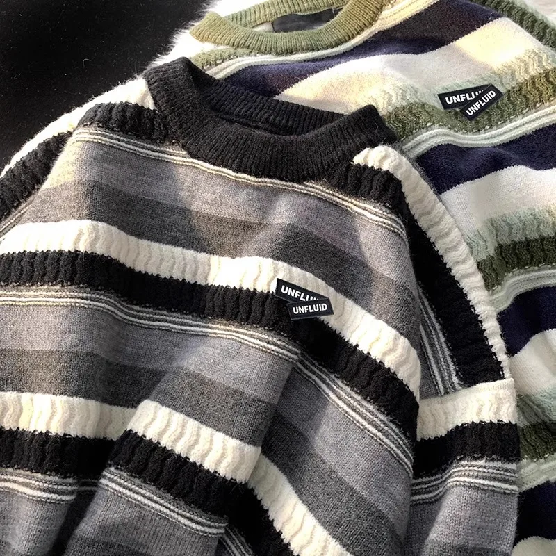 

Men's round Ne Long Sve Knitted Sweater Stripe Pattern Autumn Winter Casual Sle Boting Top Trendy Brand Couple's Ou...