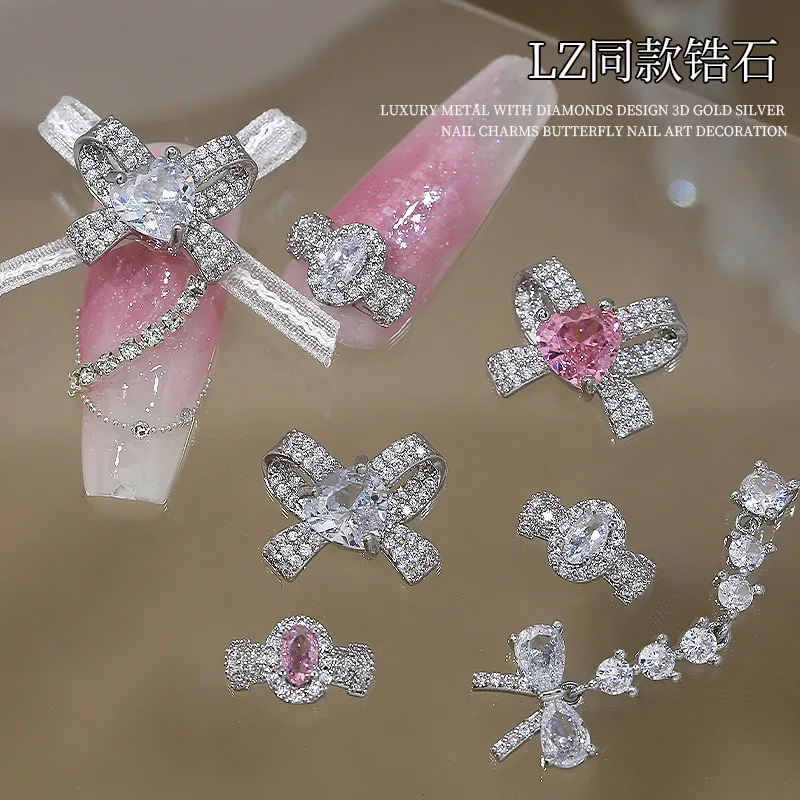 2PCS Luxury Sparkle Zircon Silver Bow Ring Pink White Love Diamonds Alloy Nail Art Rhinestones Jewel Decorations Manicure Charms