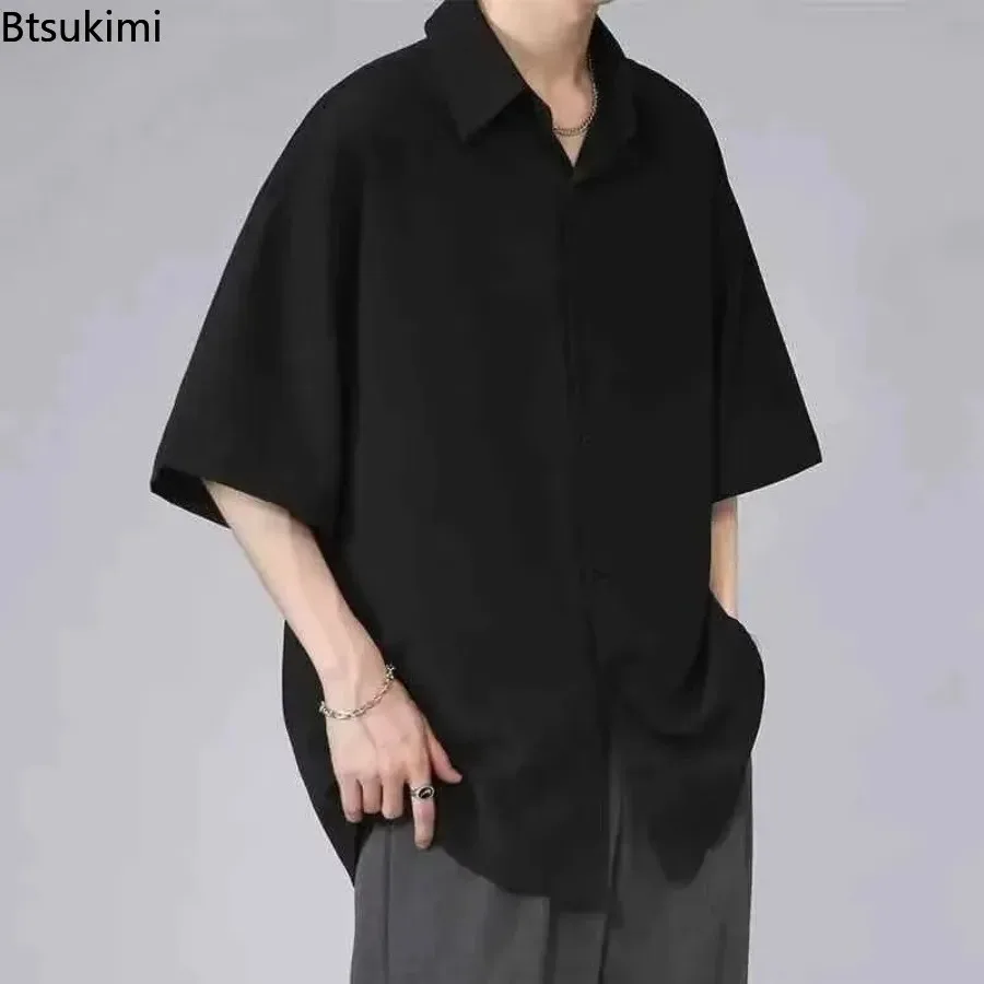 Men's Casual Ice Silk Short Sleeve Shirt Summer Loose Fit Lightweight Draped Feel Cuban Collar Half Sleeve Shirt Male Streetwear