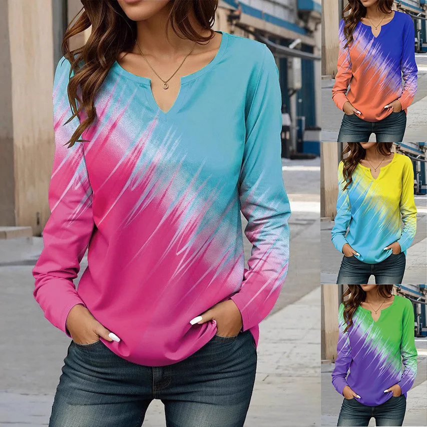 

Футболка с градиентным принтом Tie Dye для женщин, лето 2021, модные блузки, повседневный пуловер с v-образным вырезом и длинными рукавами, женская свободная одежда