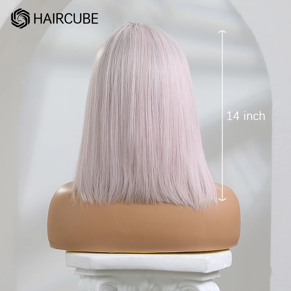 HAIRCUBE-Peluca de cabello humano con encaje frontal para mujer, pelo Remy liso, longitud de hombro, ombré, color rosa Pastel, 13x5x1