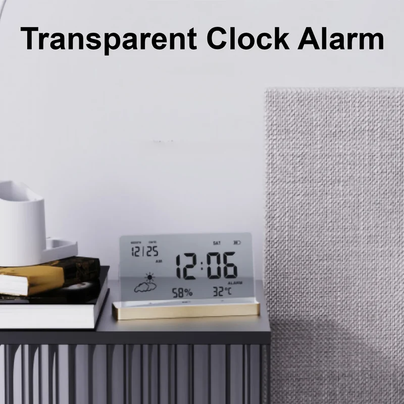 Creative Transparent Digital Clock Weather、Temperature、Date、Humidity Display Electronic Table Alarm Clock Simple Home Decoration