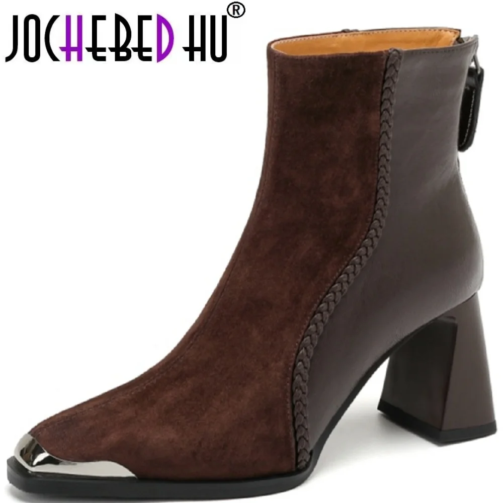 

【JOCHEBED HU】Women's Handmade genuine leather patchwork back zip ankle boots thick med heel elegant ladies style daily 34-40