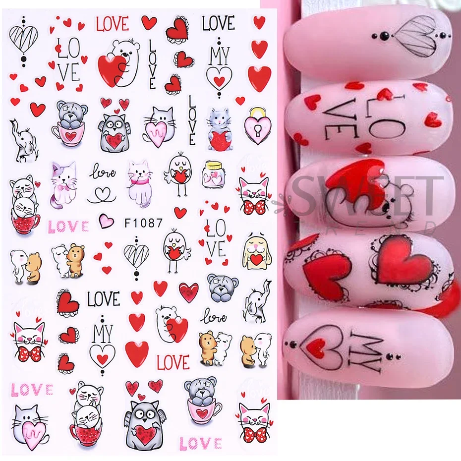 3D Cartoon Valentines Nagel Aufkleber Rot Liebe Herz Nette Katze Bär Panda Sexy Frauen Lippen Brief DIY Romantische Maniküre Dekoration