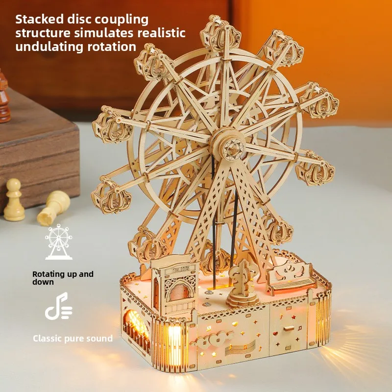 Musical Ferris Wheel 3D Wooden Puzzle,Clockwork Music&Rotation Function,Built-in LED Lights,Eco-Friendly Basswood,Laser Cutting