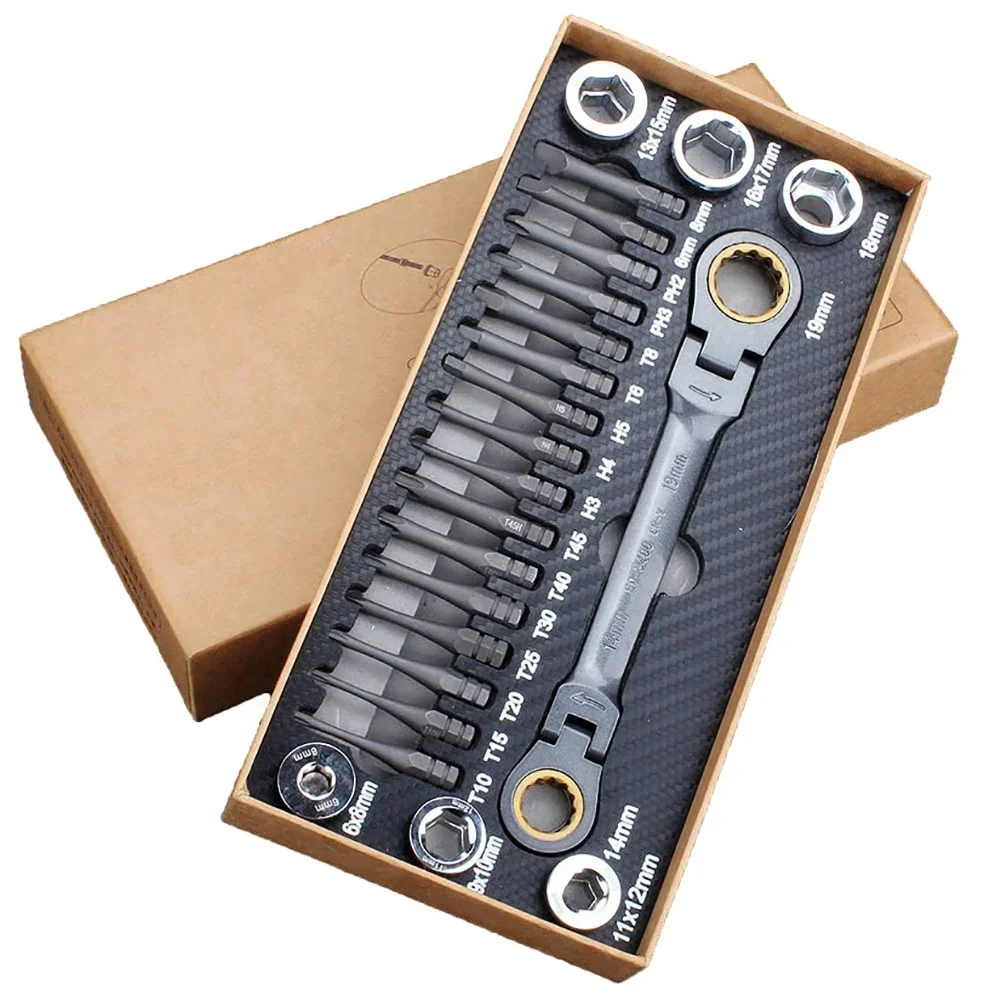 23pcs Multifunctional Ratchet Spanner Tool Set Multi-angle Ratchet Wrench Socket Screwdriver Bits Tool Set Auto Repairing Tool