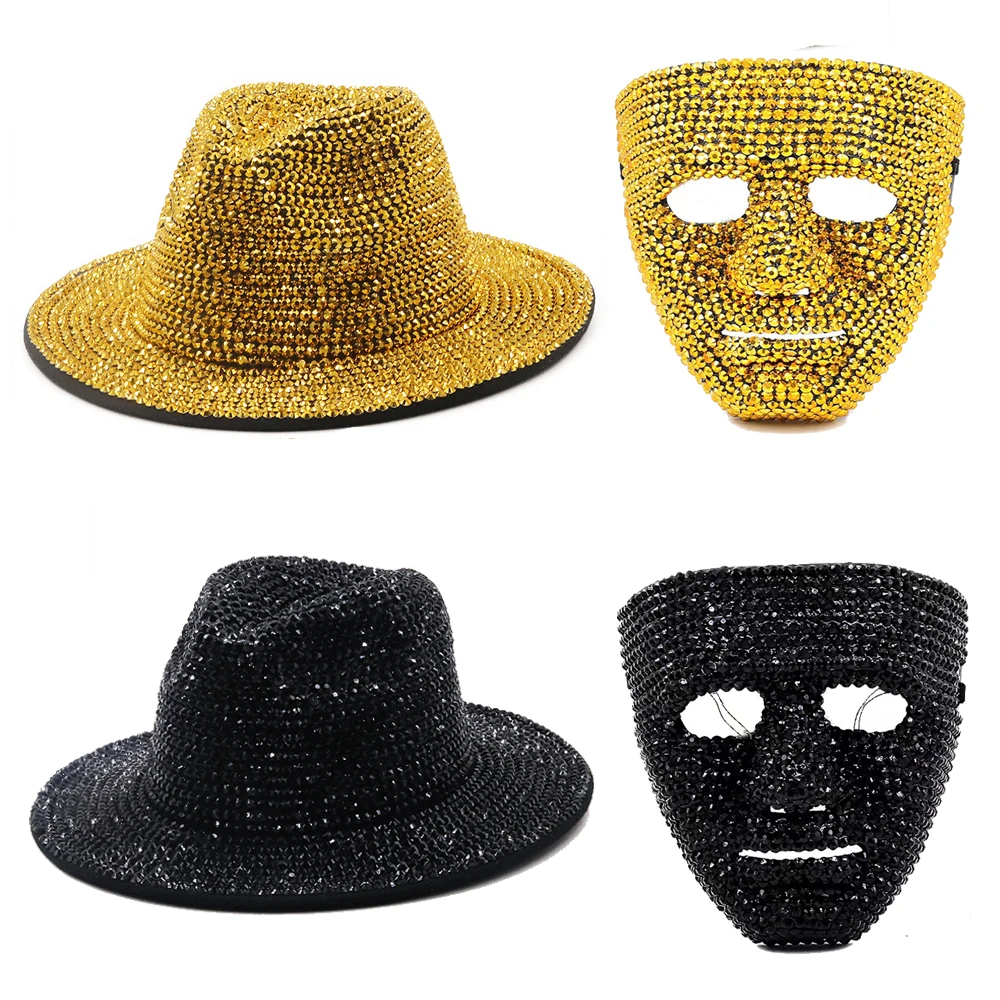 Stage Cap Rhinestone Mask and Fedoras Jazz Hat Set for Men and Women\'s Hats Red Paired with Black Diamond Fedoras Banquet Hats