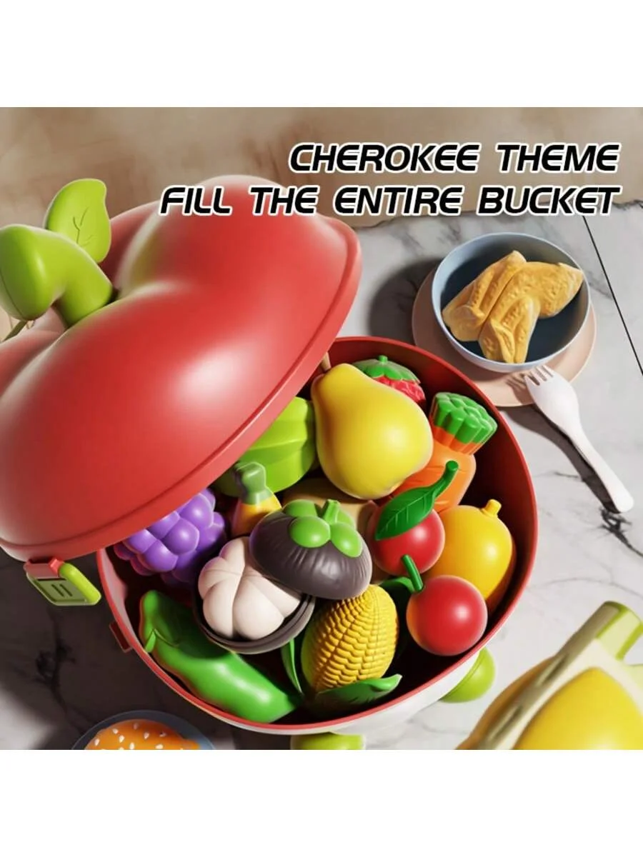 Gioca con gli accessori da cucina, un simpatico contenitore per mele, un cibo da gioco per bambini, un regalo di compleanno