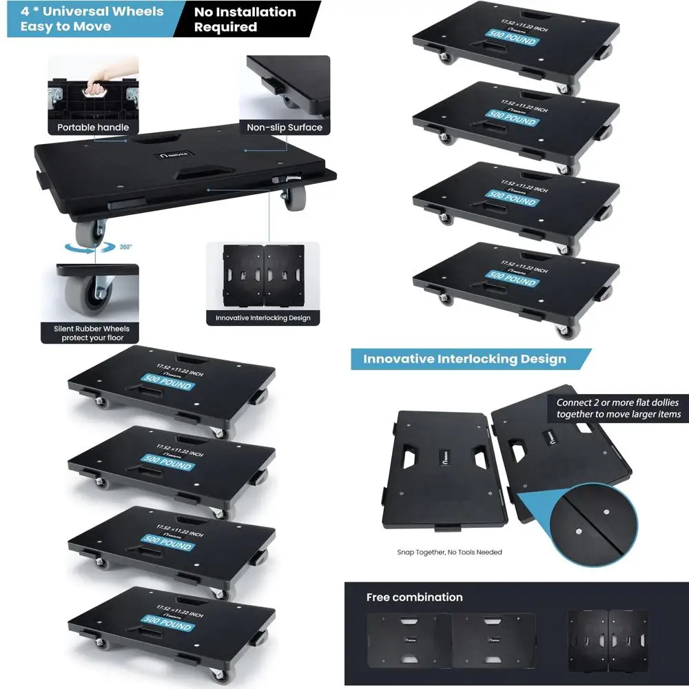 

4-Pack 16x10 Heavy Duty Furniture Dollies with 500lbs Capacity, Portable and Connectable, Black