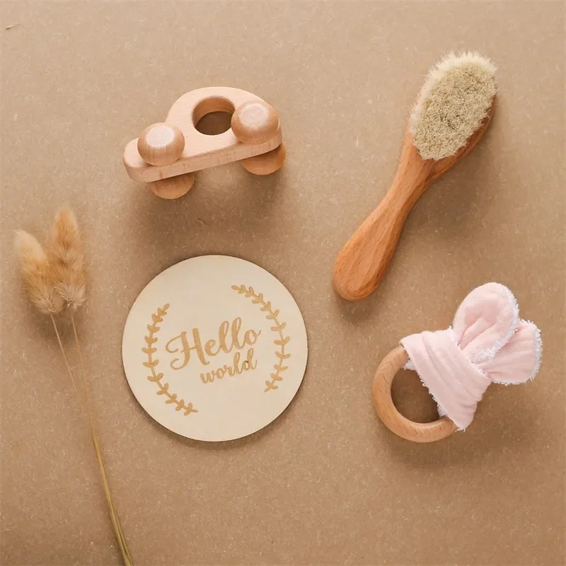 

Baby Wooden Milestone Cards Beech Wooden Cars Teether Toys Wooden Ring Teether Toys Newborn Bath Brush Photography Accessories