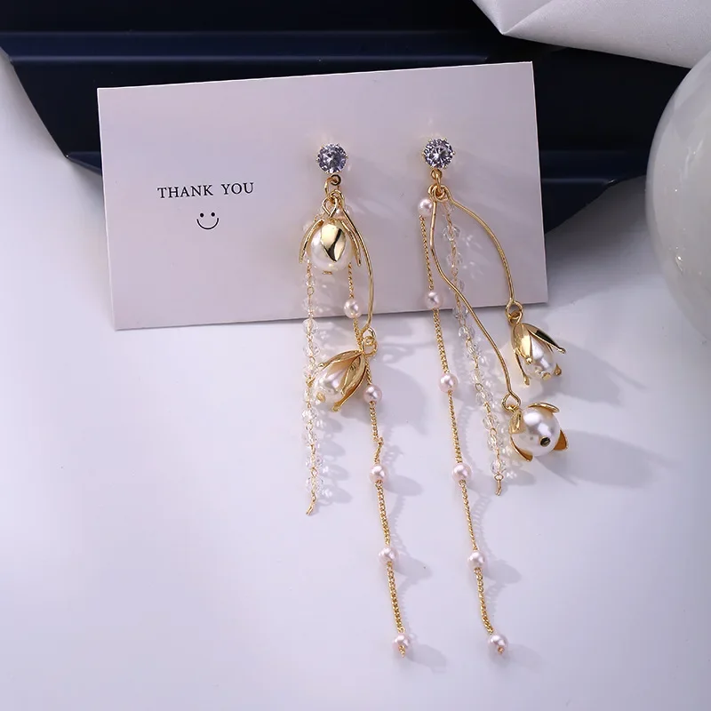 12 cm Korean Temperament Flower Tassel Clip on Earrings Without Piercing Long Pearl Crystal Clip Earrings No Pierced for Wedding