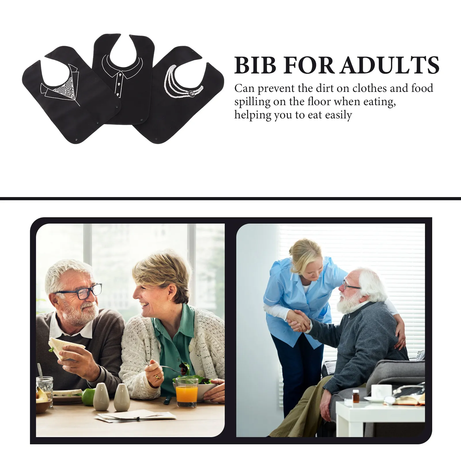 3Pcs Waterproof Adult Bib for Seniors Elderly Care Reusable Eating Protector Adjustable Snap Buckle Printed Design Large Size