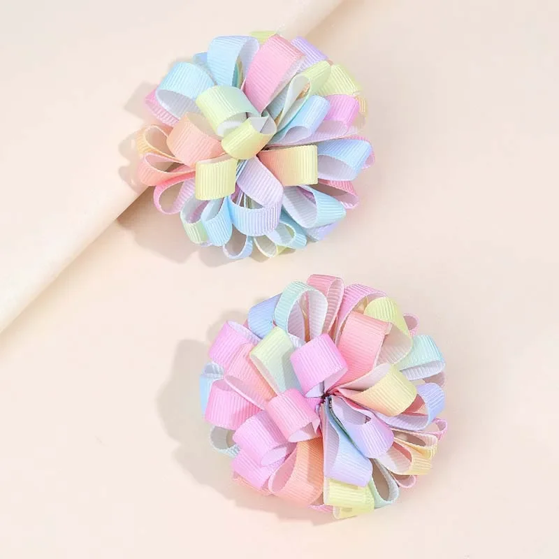 Oaoleer 2Pcs Rainbow Ribbon Flower Hairpins For Women Girls Double Color Hair Clips Barrettes Princess Headwear Hair Accessories