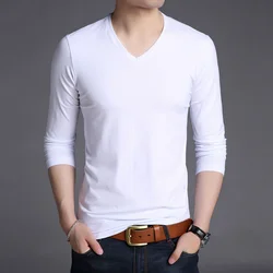 Spring and Autumn Luxury Men with Long Sleeves and V-neck Oversized Normal Casual Wear Basic Shirt Daily Wear T-Shirt