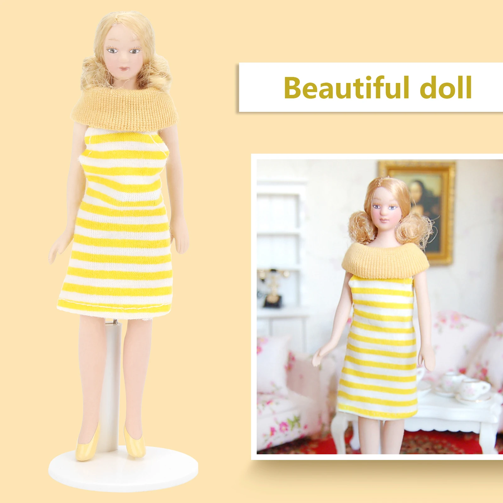 

ZK20 Dolls Blonde Hair Yellow Dress Ornaments Girl Dolls Dollhouse Figures Model Toys Accessories