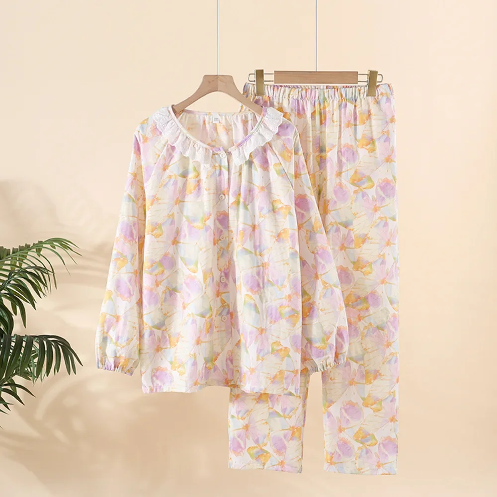 

2025 Spring and Autumn Women's Pajama Set 100% Cotton Crepe Long sleeved Pants Two piece Cute and Sweet Home Fury Set Ladies