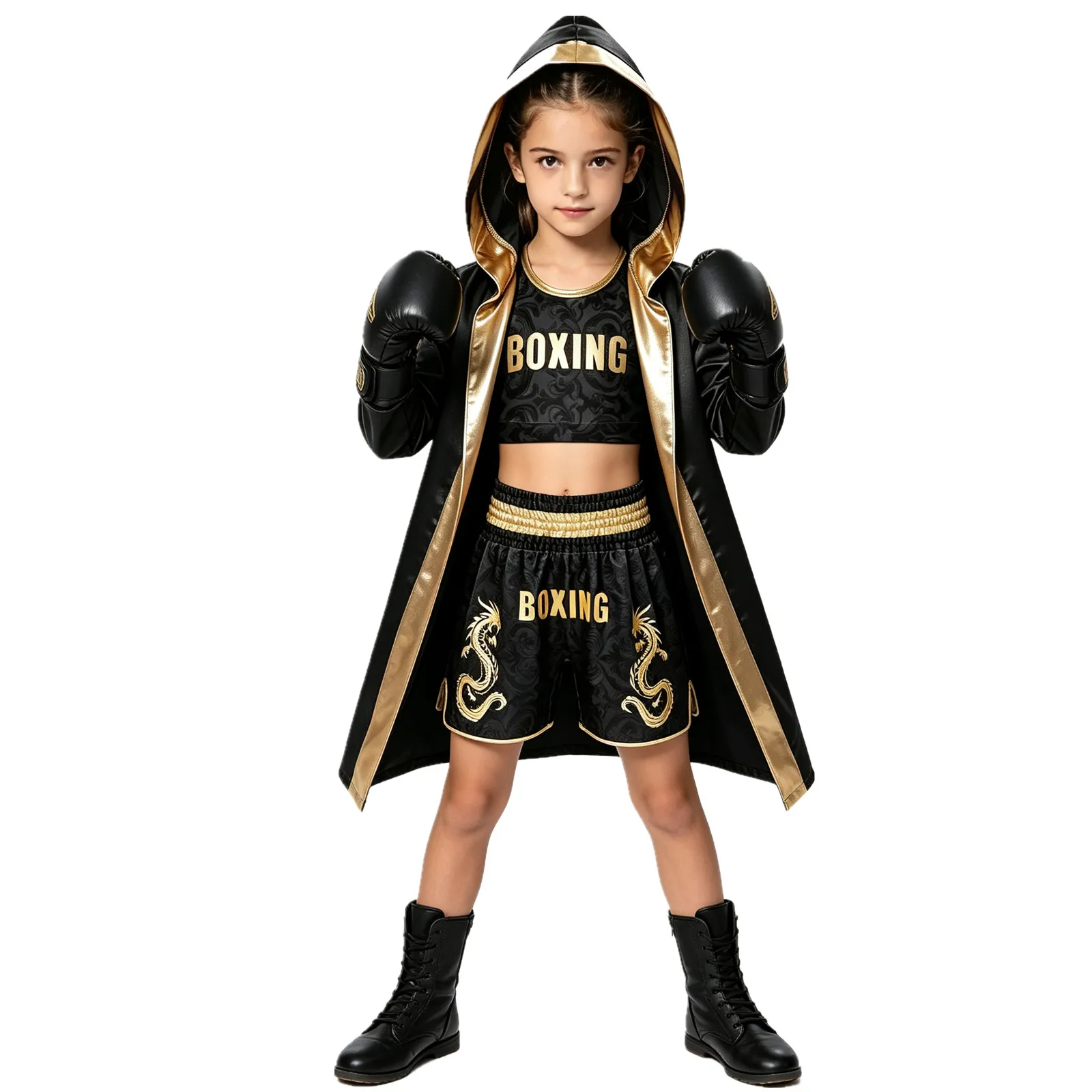 Kids Boys Girls Long Sleeve Boxing Hooded Robe with Belt Crop Vest Shorts Boxer Pugilism Fighting Match Performance Costume